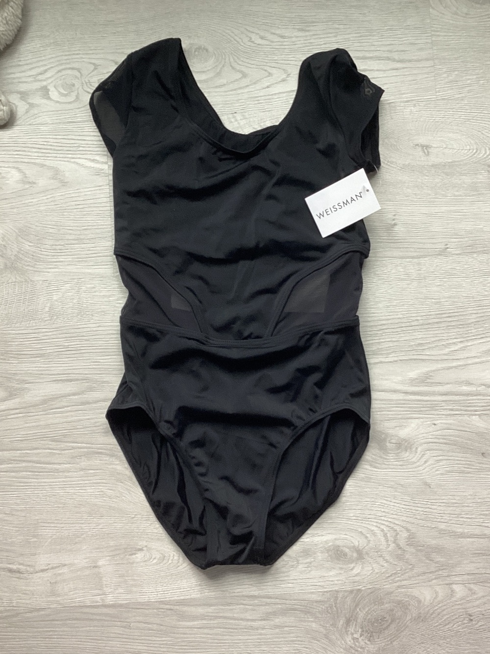Weissman Black Mesh-Panel Cap Sleeve Leotard